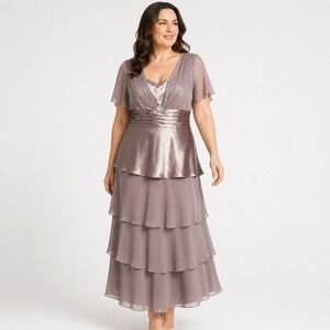 D'Albert Taupe Formal Dress Womens 16 Mother Bride Tiered Satin Flutter Sleeve
